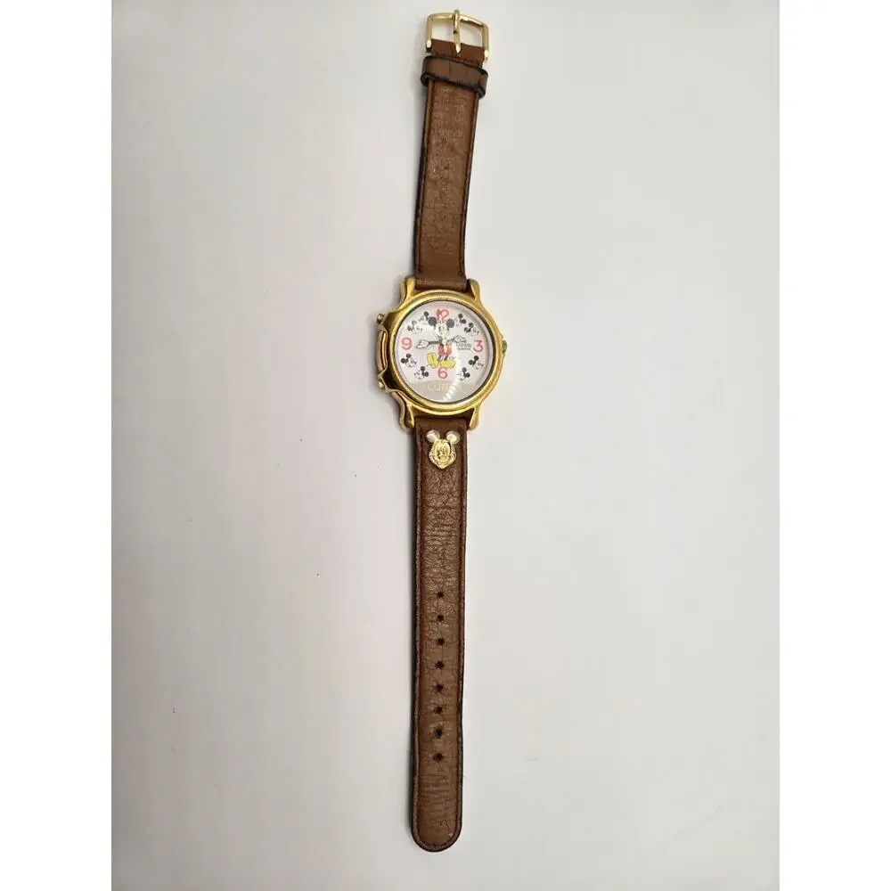 Lorus Disney Mickey Mouse Wristwatch Gold Tone Brown Leather Strap Needs Battery